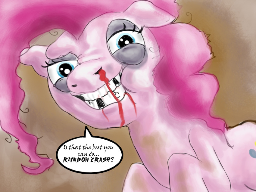 blood blue_eyes cutie_mark dialog english_text equine eyes female feral friendship_is_magic fur hair horse mammal my_little_pony neroscottkennedy pink_fur pink_hair pinkie_pie_(mlp) pony smile solo text