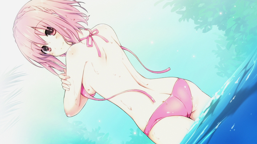 1girl ass back bikini blush breasts date_a_live highres legs looking_back pink_eyes pink_hair river short_hair smile solo sonogami_rinne standing sweat swimsuit thighs tsunako water