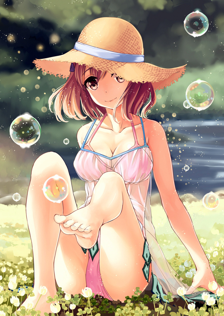 arm_support bare_legs bare_shoulders barefoot bikini bikini_under_clothes breasts brown_eyes brown_hair bubble camisole cleavage clover clover_(flower) codec007 day feet flower four-leaf_clover hat hataraku_maou-sama! highres medium_breasts on_ground outdoors sasaki_chiho see-through short_hair sitting smile soap_bubbles solo straw_hat sun_hat swimsuit