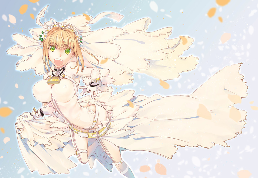 :d ahoge ass ass_cutout belt blonde_hair bodysuit breasts bridal_veil buckle butt_crack chain covered_nipples fate/extra fate/extra_ccc fate_(series) flower green_eyes head_wreath large_breasts lock nero_claudius_(bride)_(fate) nero_claudius_(fate)_(all) nichiru open_mouth padlock smile solo veil