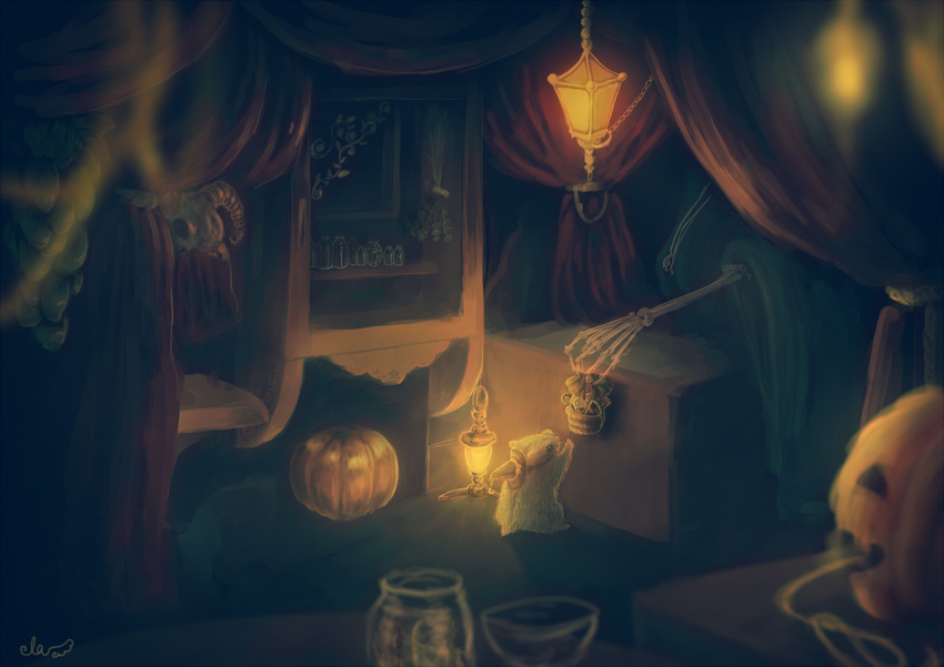 bottle cape curtains food halloween hat herb highres jack-o'-lantern lantern mask mouse no_humans original pumpkin ryuusei_asuka signature skeleton skull snack sweets witch witch_hat