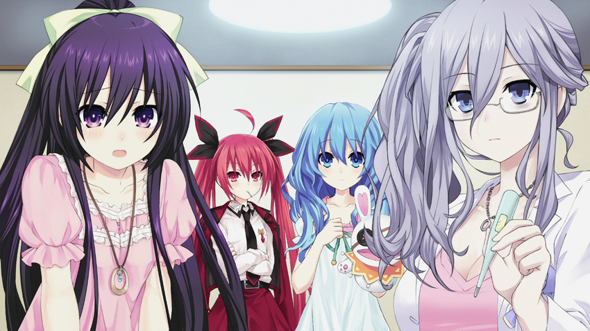 4girls belt blue_eyes blue_hair blush breasts cleavage collar crossed_arms date_a_live glasses grey_hair hair_ornament highres itsuka_kotori long_hair looking_at_viewer multiple_girls murasame_reine necktie open_mouth ponytail purple_eyes purple_hair red_eyes red_hair serious side_ponytail skirt standing twintails yatogami_tooka yoshino_(date_a_live)