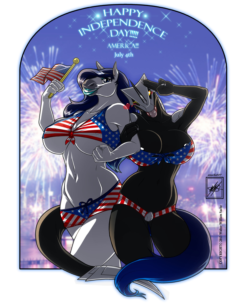 &lt;3 4th_of_july absurd_res amber_eyes android angela-45 areola big_breasts black_skin blue_eyes blue_hair blue_lips blush breasts claws cleavage clothed clothing dragon equine female fireworks flag hair hi_res holidays horse jade-sapphire lips long_hair looking_at_viewer mammal metal navel nipples non-mammal_breasts one_eye_closed reptile scalie skimpy smile spikes standing thighs tongue under_boob walter_sache white_skin wide_hips wink