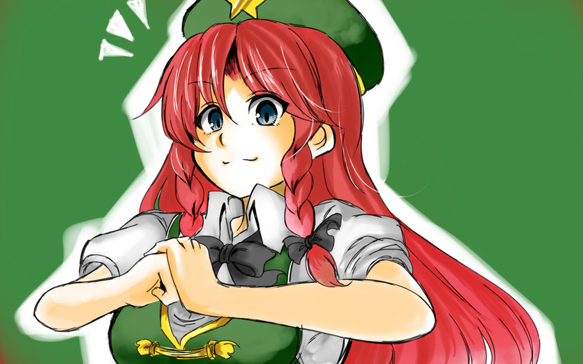 1girl blue_eyes bow braid breasts clenched_hand fist_in_hand hair_ribbon hat hong_meiling long_hair medium_breasts red_hair ribbon short_sleeves smile solo touhou twin_braids upper_body