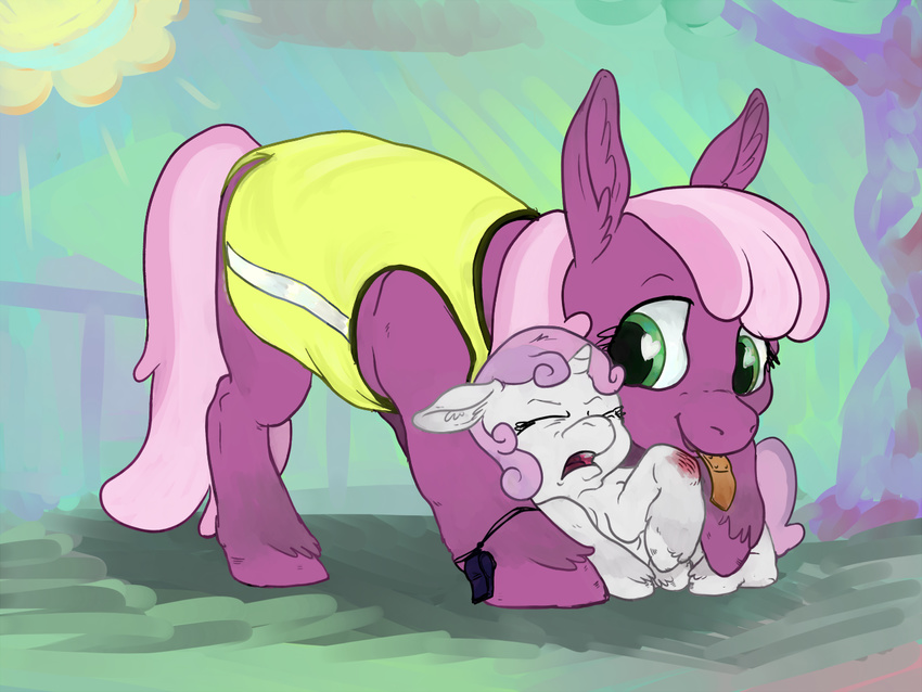 bandage cheerilee_(mlp) clothing cub duo equine eyes_closed female feral friendship_is_magic fur green_eyes hair horn horse mammal my_little_pony pink_hair pony purple_fur sponsz sweetie_belle_(mlp) two_tone_hair unicorn white_fur wounded young