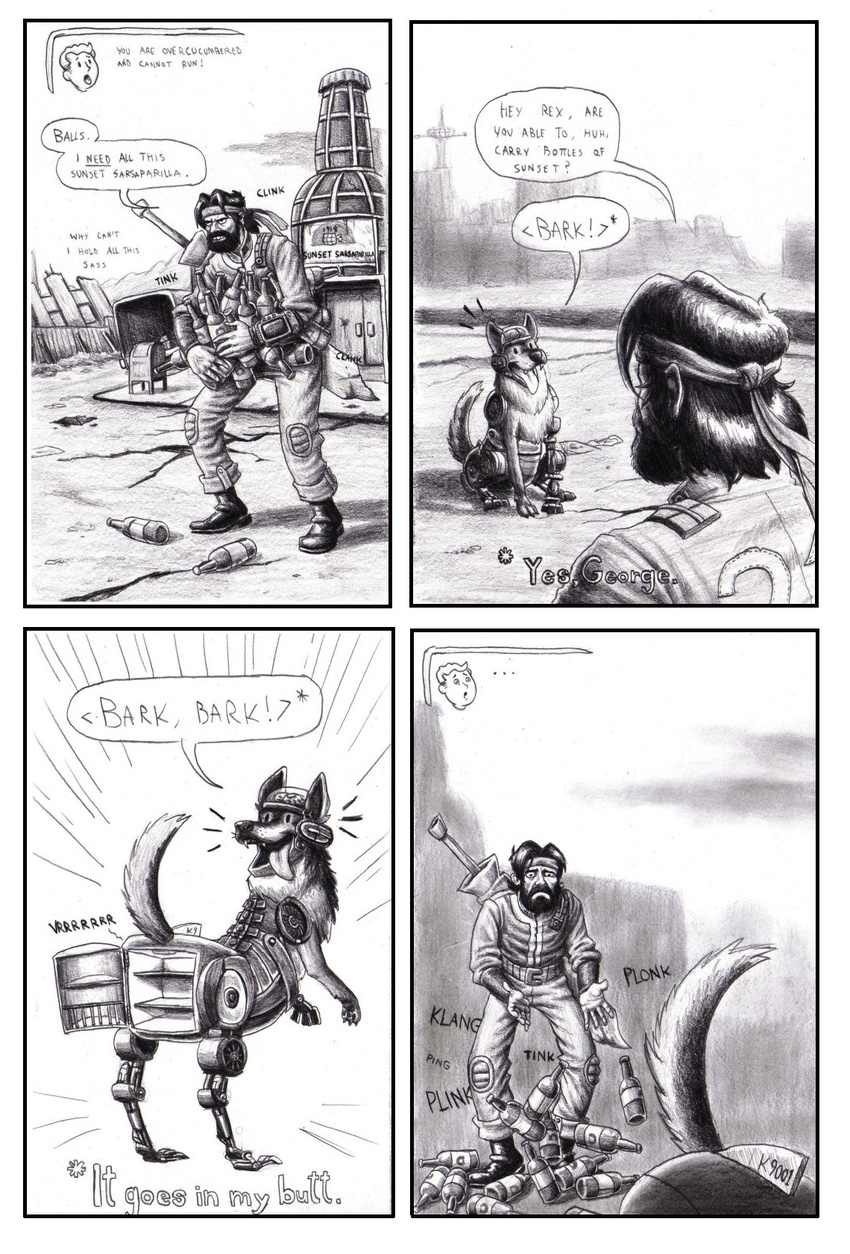 anthro black_and_white bottle butt canine clothed clothing comic cyborg dialog dog english_text fallout fallout:_new_vegas feral fridge human male mammal mechanical monochrome rex_(fallout:_new_vegas) sarsaparilla text tongue tongue_out