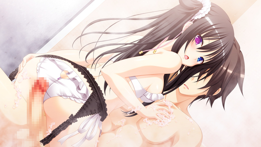 1girl absurdres ass bath bathroom black_hair blue_eyes blush breasts censored erection game_cg garter_belt gensou_no_idea:_oratorio_phantasm_historia heterochromia highres long_hair looking_back mixed_bathing open_mouth penis purple_eyes shinomori_rinon short_hair sitting sitting_on_person steam sweat twintails