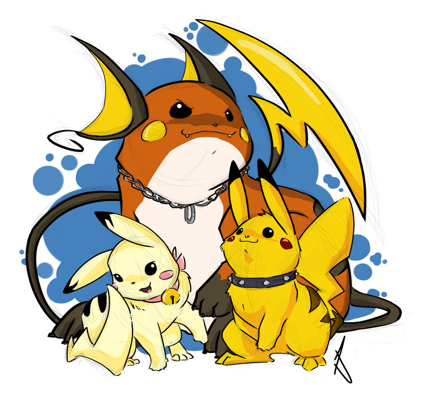 all_fours bell brown_fur chain collar collars cute fangs female feral fur grin group happy hi_res littletiger488 male nintendo pikachu plain_background pok&#233;mon pok&eacute;mon raichu spikes spot standing stripes threesome video_games white_background yellow_fur