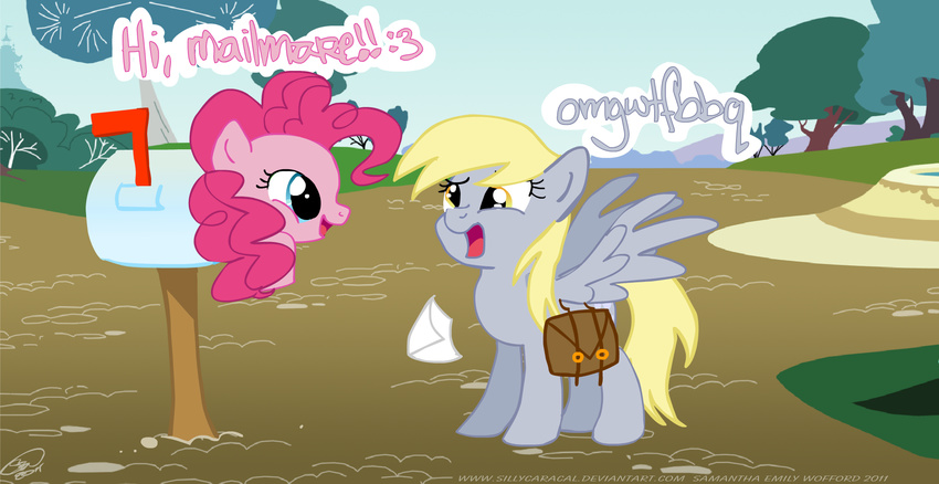 amber_eyes blonde_hair blue_eyes derpy_hooves_(mlp) duo english_text equine female feral friendship_is_magic fur grey_fur hair horse humor in_a_mailbox mailbox mammal my_little_pony outside pegasus pink_fur pink_hair pinkie_pie_(mlp) pinkie_pie_out_of_fucking_nowhere pony signature silly sillycaracal text tree wings