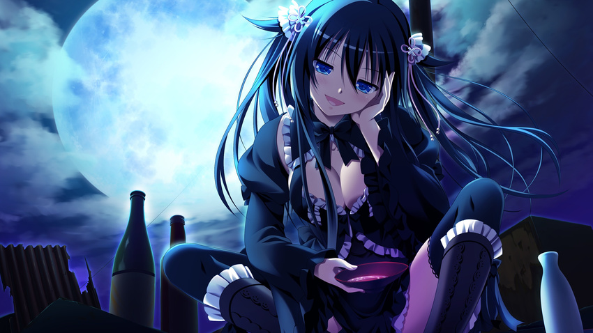 1girl absurdres black_hair blue_eyes blush boots bottle breasts cleavage cloud clouds drink game_cg gensou_no_idea:_oratorio_phantasm_historia highres long_hair looking_at_viewer moon open_mouth shinomori_rinon sitting sky smile solo twintails