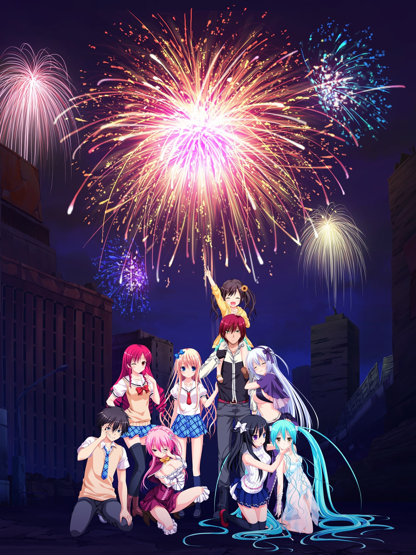 2boys 6+girls absurdly_long_hair akashi_(gensou_no_idea) arms_up black_hair black_legwear blonde_hair blue_eyes blue_hair breast_hold breasts building cleavage drill_hair eyes_closed fireworks game_cg gensou_no_idea:_oratorio_phantasm_historia hair_ornament hand_on_head happy heterochromia highres himawari_(gensou_no_idea) kenzaki_noel kneeling kokoro_(gensou_no_idea) kujou_mitsuki legs long_hair looking_at_viewer multiple_boys multiple_girls necktie night open_mouth outdoors pink_hair purple_eyes red_hair rouge_(gensou_no_idea) school_uniform shinomori_rinon shoes short_hair skirt sky smile socks standing thighs twintails v very_long_hair wink