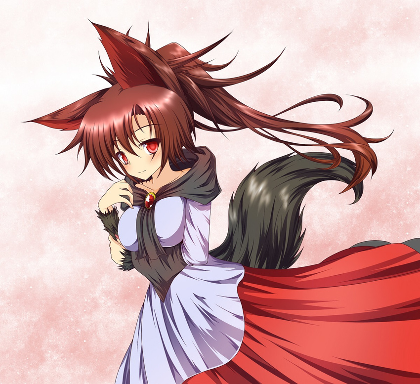 animal_ears arm_hair breast_rest breasts brooch brown_hair collarbone dress fur g_(desukingu) gradient gradient_background holding_arm imaizumi_kagerou jewelry layered_dress light_smile looking_at_viewer medium_breasts messy_hair pink_background ponytail red_eyes solo tail touhou wolf_ears wolf_tail
