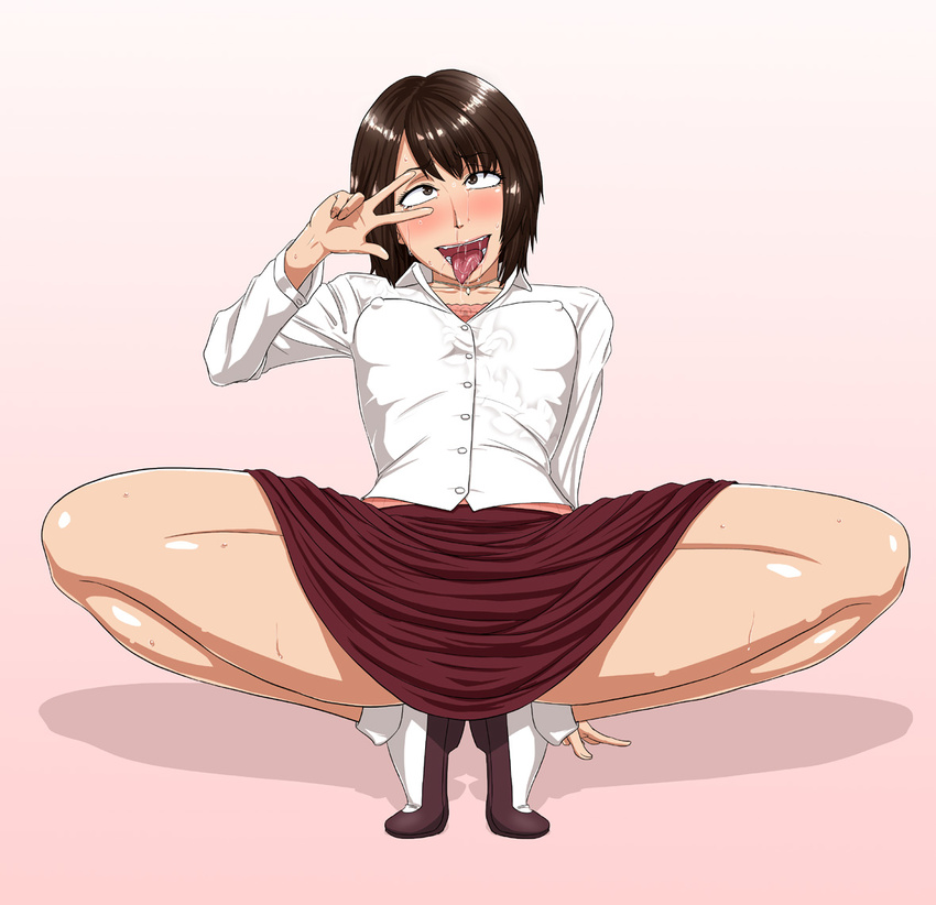 1girl ahegao arm_support blush breasts brown_eyes brown_hair brown_shoes covered_nipples drooling erect_nipples fatal_frame fatal_frame_4 female fucked_silly jewelry medium_breasts ml necklace nipples open_mouth rolling_eyes saliva shoes simple_background skirt snot socks solo spread_legs squat squatting sweat tears teeth tongue tongue_out tsukimori_madoka v white_legwear white_socks