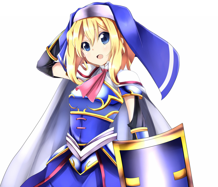 alice_margatroid alternate_costume amano_kouki armor armored_dress ascot blonde_hair blue_eyes cape dress elbow_gloves gauntlets gloves highres nun open_mouth pauldrons shield short_hair solo touhou