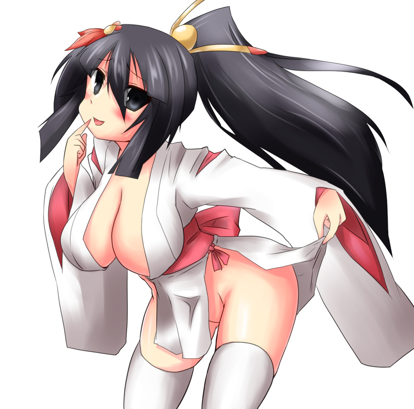1girl black_eyes black_hair breasts female hair_ornament japanese_clothes kimono large_breasts leaning_forward long_hair long_ponytail mound_of_venus mushin no_panties original ponytail simple_background solo standing thighhighs white_background white_legwear white_thighhighs yukata