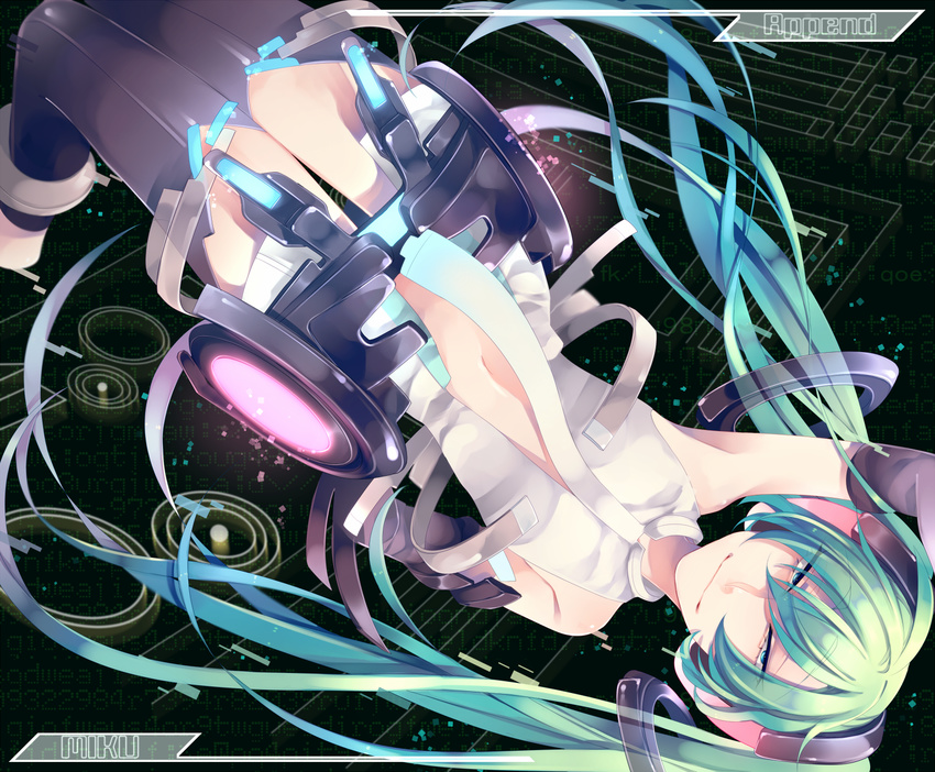 arm_up bad_id bad_pixiv_id center_opening character_name elbow_gloves gloves green_hair hatsune_miku hatsune_miku_(append) highres long_hair navel necktie oniyama831 solo thighhighs twintails very_long_hair vocaloid vocaloid_append