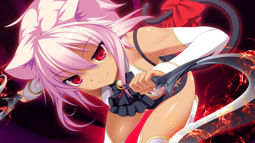 1girl absurdres animal_ears cat_ears dark_skin game_cg gensou_no_idea:_oratorio_phantasm_historia highres legs looking_at_viewer pink_hair red_eyes rouge_(gensou_no_idea) short_hair simple_background smile solo tail thighs weapon