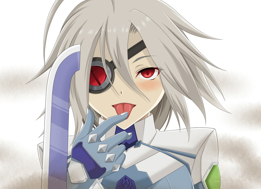 ahoge arm_blade blazblue blush bodysuit braid esuto eyepatch finger_to_mouth huge_ahoge long_hair mecha_musume naughty_face nu-13 rape_face red_eyes shoulder_pads silver_hair single_braid solo tongue tongue_out weapon yandere
