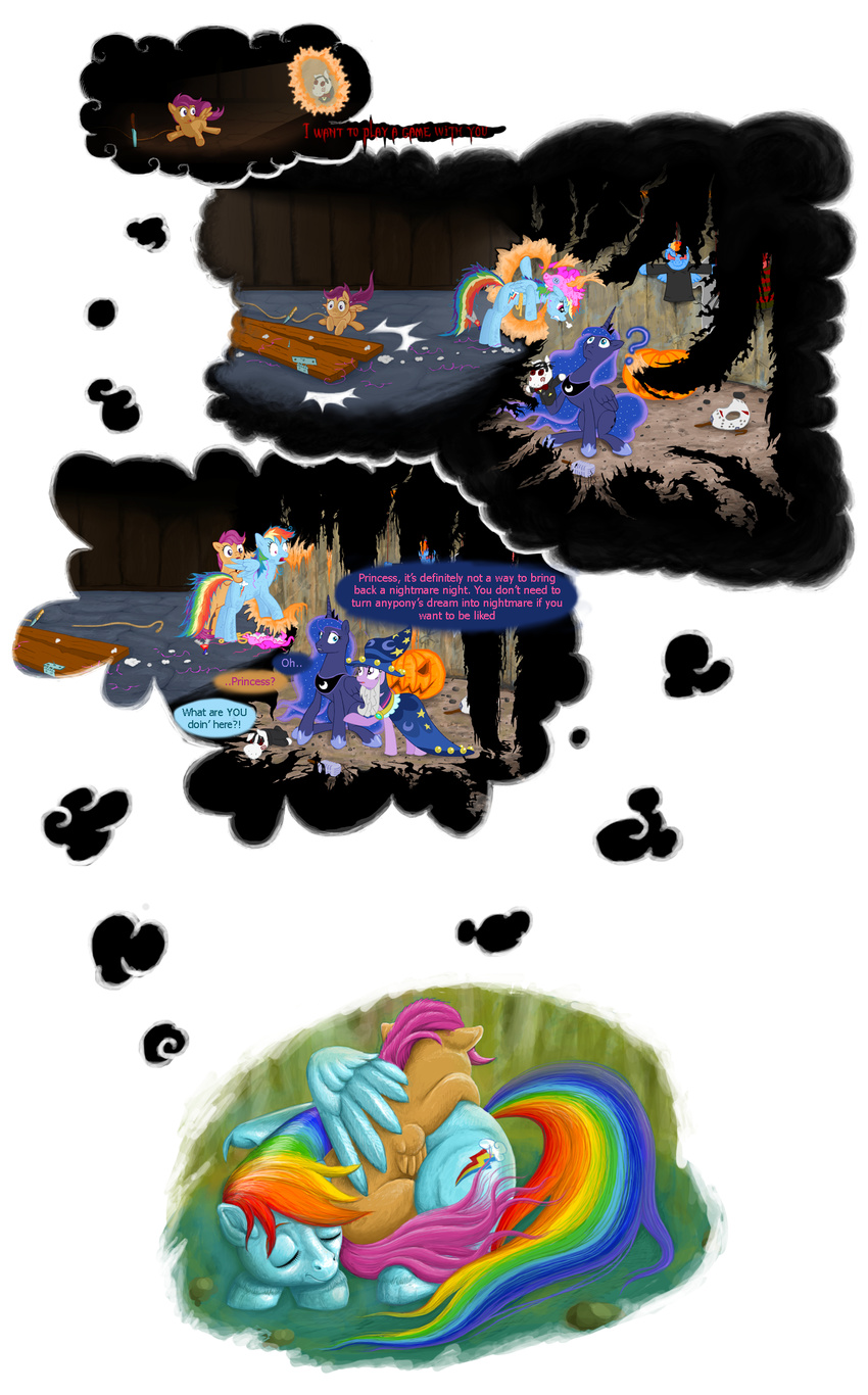 alpha_channel blue_eyes blue_fur blue_hair brown_fur cape clothing comic crown cub cutie_mark duo english_text equine eyes_closed female feral friendship_is_magic fur gor1ck hair hat horn horse lying mammal multi-colored_hair my_little_pony pegasus pony princess_luna_(mlp) purple_eyes purple_fur purple_hair rainbow_dash_(mlp) rainbow_hair scootaloo_(mlp) sleeping text twilight_sparkle_(mlp) winged_unicorn wings young