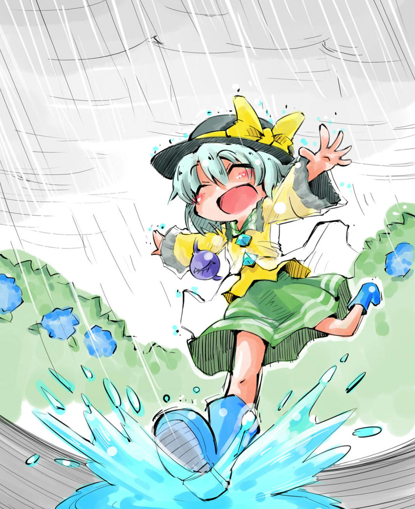 blue_flower blue_rose boots bow closed_eyes cloud cloudy_sky flower hat hat_bow highres hydrangea komeiji_koishi long_sleeves open_mouth outstretched_arms rain raincoat rose rubber_boots running shinapuu shirt silver_hair skirt sky smile solo splashing third_eye touhou wide_sleeves