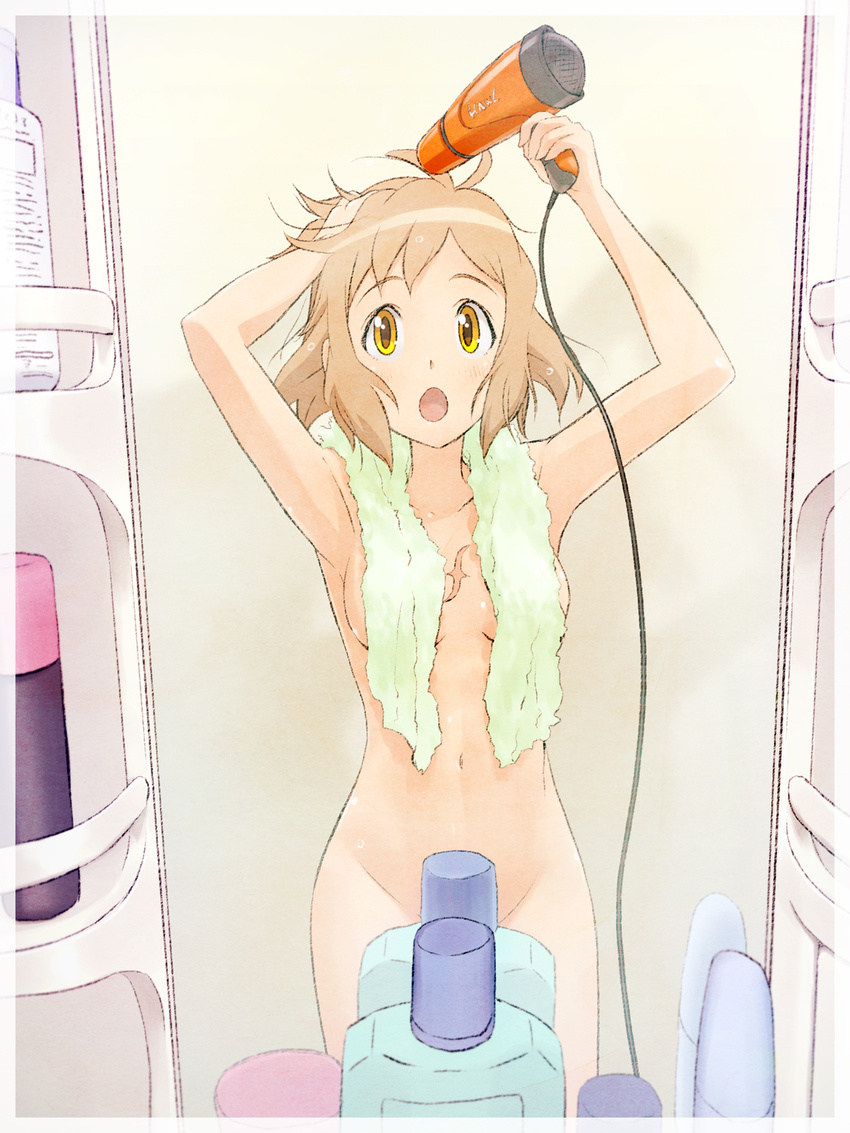 :o after_bath armpits arms_up blush bottle cable censored convenient_censoring hair_dryer highres light_brown_hair mirror navel nude official_style open_mouth reflection scar senki_zesshou_symphogear short_hair solo tachibana_hibiki_(symphogear) towel towel_around_neck unyon wet wet_hair yellow_eyes yellow_towel