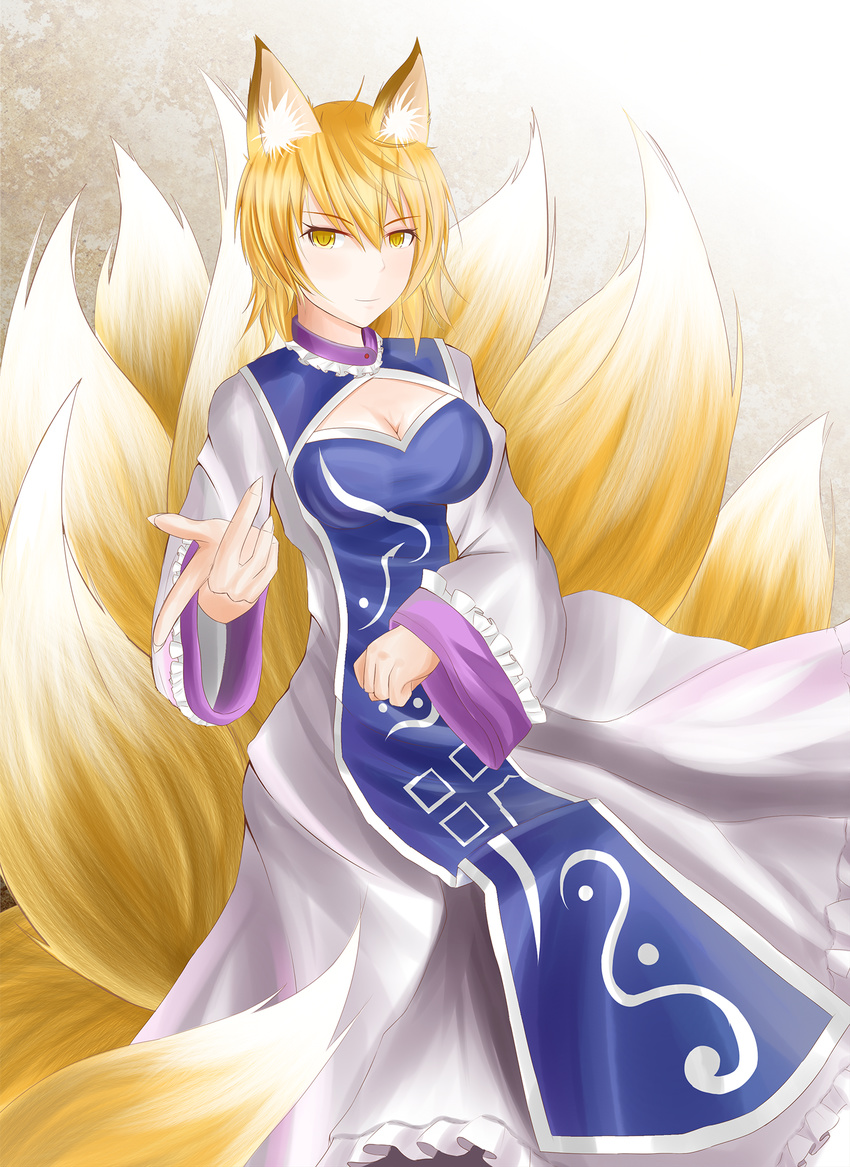 animal_ears blonde_hair breasts cleavage cleavage_cutout clenched_hand dress fingernails fox_ears fox_tail gradient gradient_background highres hiro0626 impossible_clothes light_smile long_sleeves looking_at_viewer medium_breasts multiple_tails no_hat no_headwear sharp_fingernails short_hair slit_pupils solo tabard tail touhou wide_sleeves yakumo_ran yellow_eyes