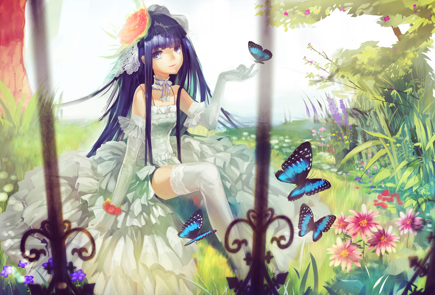 1girl absurdres bad_id bad_pixiv_id bare_shoulders blue_eyes bracelet bug butterfly butterfly_on_hand choker detached_collar dress elbow_gloves flower flower_bracelet gloves grass hair_flower hair_ornament highres insect jewelry lace lace-trimmed_thighhighs long_hair looking_at_viewer nature original purple_hair sitting sleeveless sleeveless_dress smile solo thighhighs veil wedding_dress white_dress white_gloves white_legwear