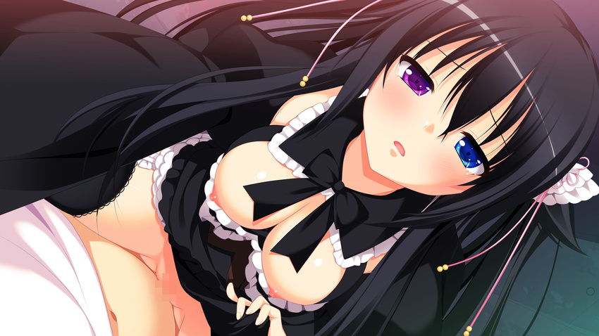 1boy 1girl absurdres areolae black_hair black_legwear blue_eyes blush breasts breasts_outside censored clothed_sex dress dress_lift game_cg gensou_no_idea:_oratorio_phantasm_historia girl_on_top hair_ornament heterochromia highres long_hair looking_at_viewer moaning nipples no_bra no_panties open_mouth outstretched_arm pov pov_eye_contact puffy_sleeves purple_eyes sex shinomori_rinon skindentation straddle straddling tears thighhighs twintails vaginal