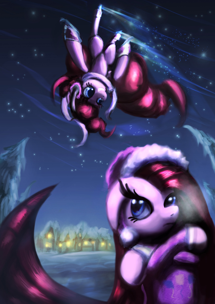 blue_eyes clothing duo earmuffs equine female feral flying friendship_is_magic fur hair hat horse ice_skates mammal my_little_pony night oblomos outside pink_fur pink_hair pinkamena_(mlp) pinkie_pie_(mlp) pony sky smile snow square_crossover zolombo