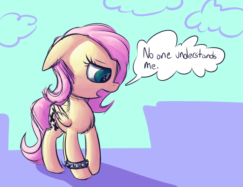cloud clouds cutie_mark cyan_eyes english_text equine female feral floppy_ears fluttershy_(mlp) friendship_is_magic fur goth hair handsockz horse jewelry long_hair mammal my_little_pony open_mouth pegasus pink_hair pony sad simple_background sky solo text wings yellow_fur young