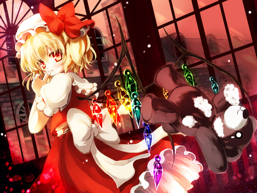 blonde_hair bow commentary finger_to_mouth fingernails flandre_scarlet gengetsu_chihiro hat hat_bow highres looking_at_viewer looking_back red_eyes sash scarlet_devil_mansion shirt side_ponytail skirt skirt_set solo stuffed_animal stuffed_toy teddy_bear touhou vest window wings