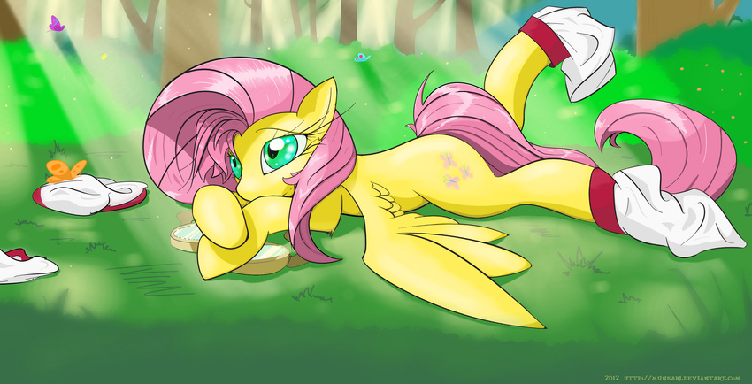 butterfly cute cutie_mark cyan_eyes equine feathers female feral fluttershy_(mlp) forest friendship_is_magic fur grass hair hi_res horse insect light long_hair looking_at_viewer mammal munkari my_little_pony outside pegasus pink_hair pony socks solo tree wings yellow_fur