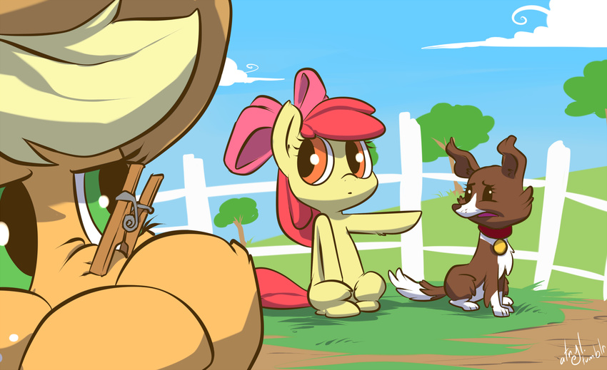 apple_bloom_(mlp) applejack_(mlp) atryl blonde_hair bow brown_fur canine clothes_pin clothespin collar cowboy_hat cub cute cutie_mark dog english_text equine female fence feral freckles friendship_is_magic fur green_eyes group hair hat horse mammal my_little_pony orange_fur outside pony red_hair sitting tan_fur text winona_(mlp) young