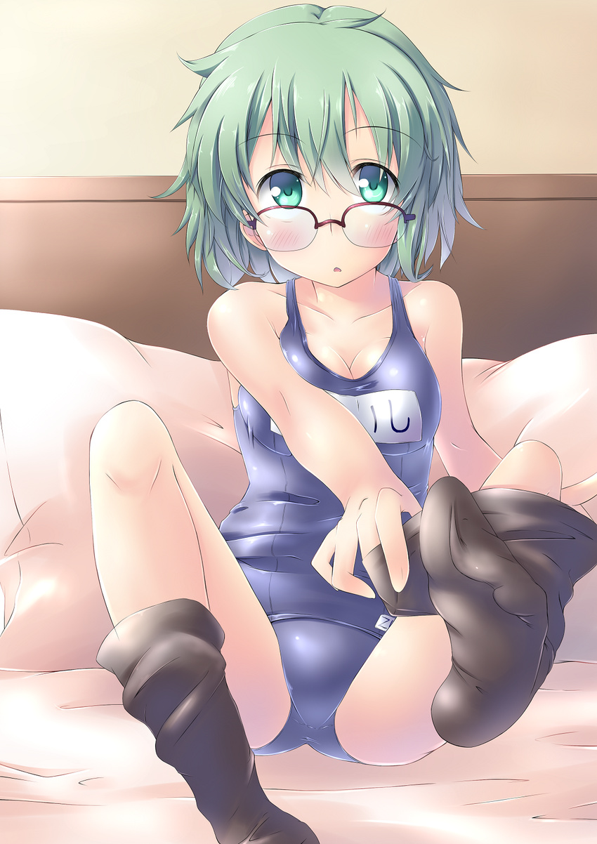 bespectacled glasses green_eyes green_hair highres komeiji_koishi one-piece_swimsuit school_swimsuit short_hair skindentation socks spirytus_tarou swimsuit touhou