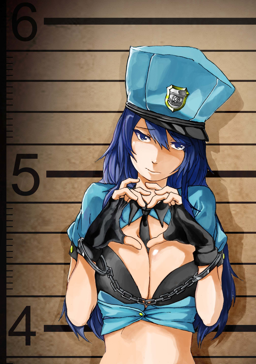 absurdres alternate_costume between_breasts blue_eyes blue_hair breasts caitlyn_(league_of_legends) cleavage cleavage_cutout cover cover_page cuffs doujin_cover fingerless_gloves gloves hat head_tilt heart heart_hands height_chart highres laa_jii_shii large_breasts league_of_legends long_hair mugshot navel necktie necktie_between_breasts officer_caitlyn police police_uniform policewoman solo uniform