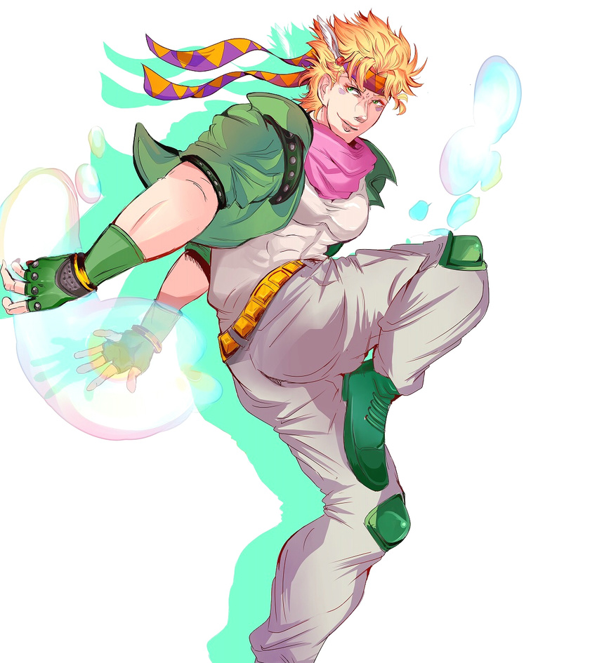 bad_id bad_pixiv_id blonde_hair bubble caesar_anthonio_zeppeli facial_mark feathers fingerless_gloves gloves green_eyes green_jacket hair_feathers headband highres hohoho18 jacket jojo_no_kimyou_na_bouken male_focus solo