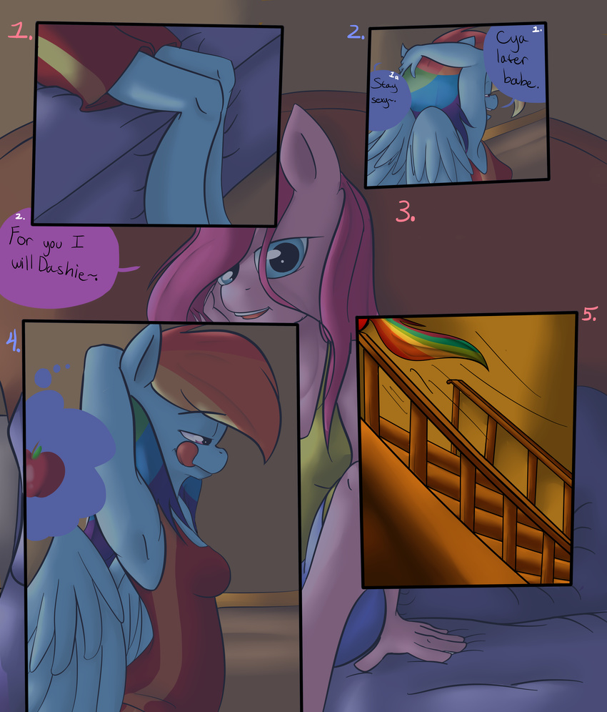 absurd_res anthro anthrofied bed blue_eyes blue_fur clothing comic dialog duo english_text equine eyes female friendship_is_magic fur hair hi_res horse inside mammal multi-colored_hair my_little_pony pegasus pink_fur pink_hair pinkamena_(mlp) pinkie_pie_(mlp) pony purple_eyes rainbow_dash_(mlp) rainbow_hair rei-moonveil renee-moonveil smile stairs text wings