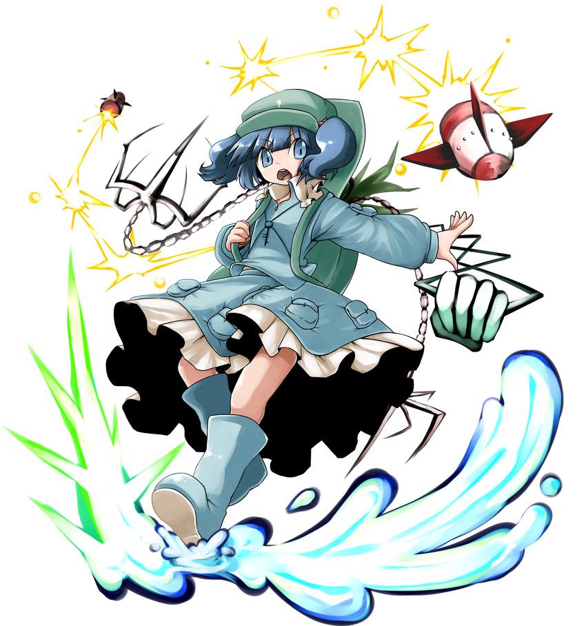 backpack bag blue_eyes blue_hair blush claw_(weapon) extra_arms hair_bobbles hair_ornament hat highres hijiri_(xxhizirixx) kawashiro_nitori key long_sleeves mechanical_arms missile open_mouth pocket short_hair skirt solo touhou two_side_up weapon