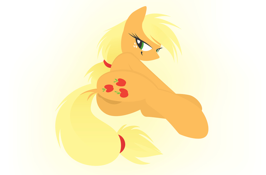 applejack_(mlp) back_turned blonde_hair butt cutie_mark earth_pony equine female feral freckles friendship_is_magic fur green_eyes hair half-closed_eyes hi_res horse kejzfox looking_at_viewer looking_back lying mammal my_little_pony on_side orange_fur plain_background pony presenting presenting_hindquarters pussy solo white_background