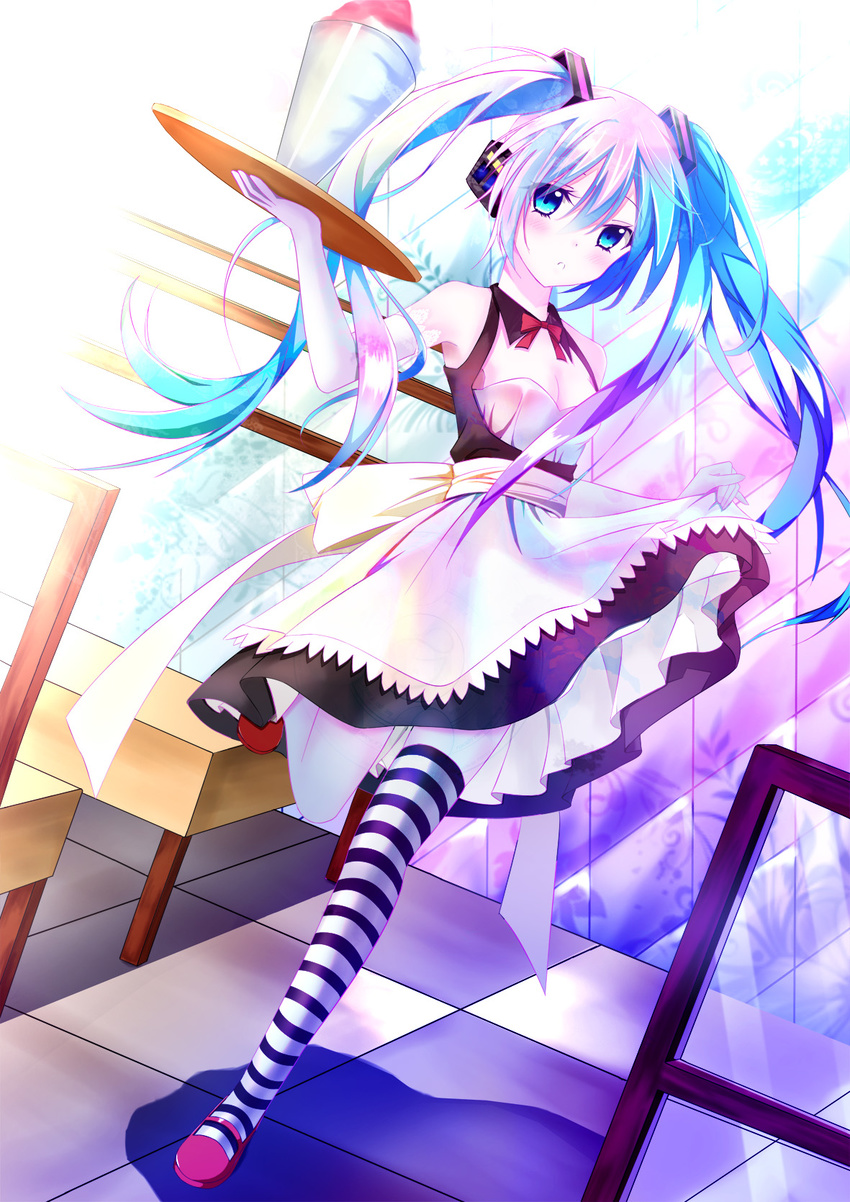 bad_id bad_pixiv_id blue_eyes blue_hair dress dutch_angle elbow_gloves frown gloves hatsune_miku headphones highres long_hair maid shaved_ice single_thighhigh skirt_hold solo standing standing_on_one_leg striped striped_legwear thighhighs tianya_beiming tray twintails very_long_hair vocaloid