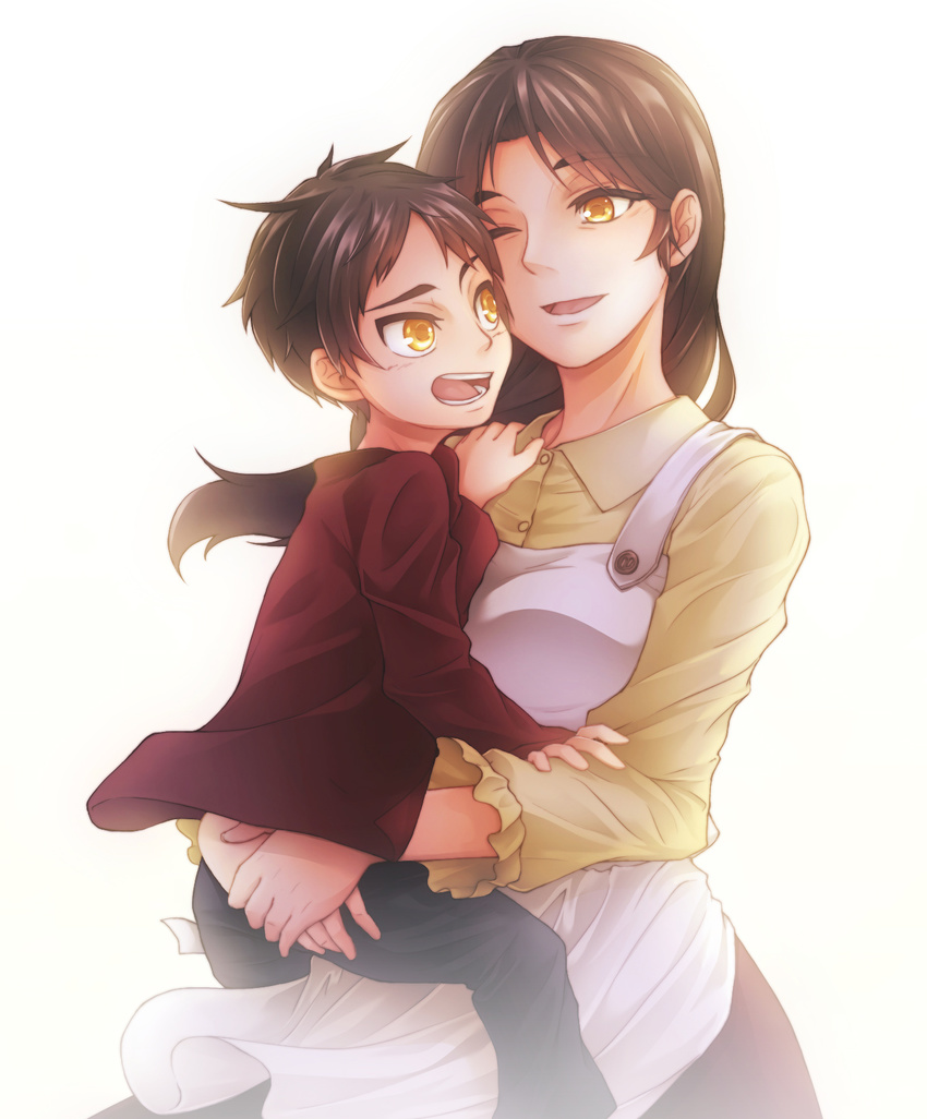 1girl apron brown_hair carla_yeager carrying eren_yeager highres long_sleeves mother_and_child mother_and_son motherly one_eye_closed open_mouth pants shingeki_no_kyojin short_hair white_background yagisuke yellow_eyes