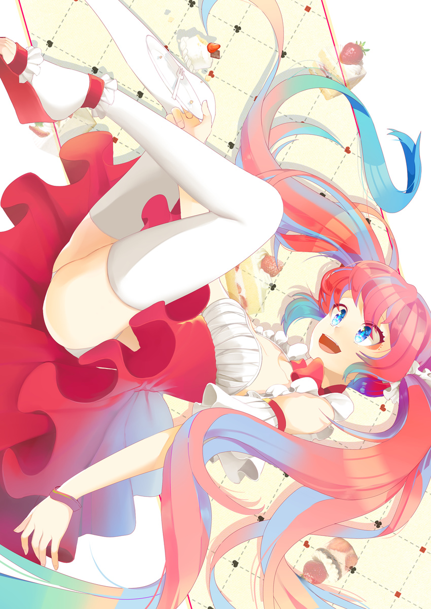 alternate_hair_color bad_id bad_pixiv_id blue_eyes bracelet cake dress food fork hatsune_miku highres iso1206 jewelry long_hair open_mouth panties plate red_hair solo thighhighs underwear vocaloid white_legwear