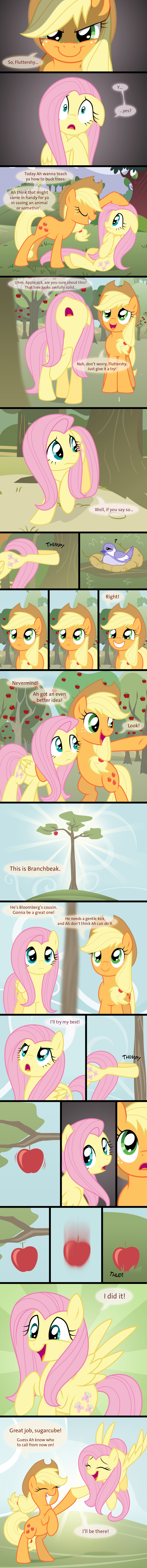 ? apple applejack_(mlp) avian bird birds_nest blonde_hair blue_eyes cloud comic cowboy_hat cutie_mark dialog duo english_text equine female feral fluttershy_(mlp) freckles friendship_is_magic fruit fur grass green_eyes hair hat hi_five high_five horse kumkrum mammal my_little_pony nest orange_fur outside pegasus pink_hair pony scared sky text tree wings yellow_fur