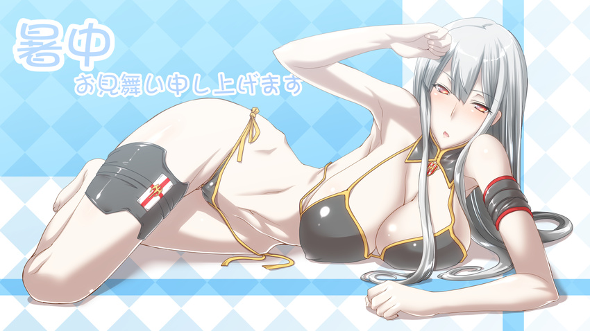 arm_support bikini breasts ebido highres large_breasts long_hair lying on_side pale_skin red_eyes selvaria_bles senjou_no_valkyria silver_hair solo swimsuit very_long_hair