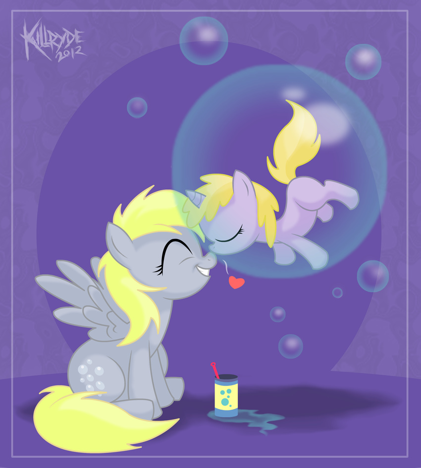 &lt;3 blonde_hair bubble cub cutie_mark derpy_hooves_(mlp) dinky_hooves_(mlp) equine eyes_closed female feral friendship_is_magic hair hooves horn horse killryde mammal my_little_pony pegasus pony simple_background smile unicorn wings young