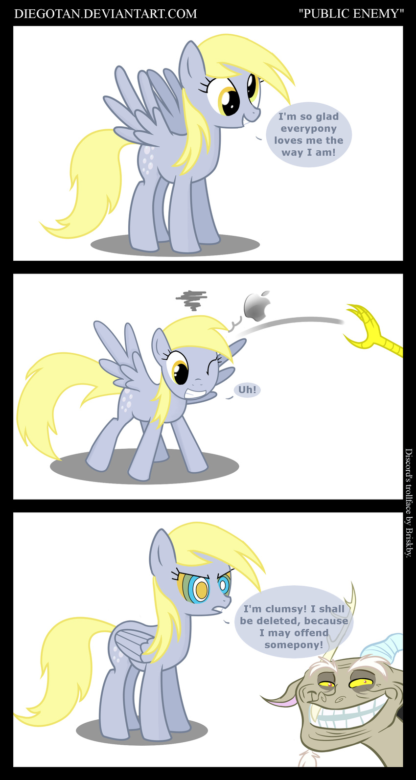 apple blonde_hair briskby collaboration comic cutie_mark derpy_hooves_(mlp) dialog diegotan discord_(mlp) draconequus english_text equine female feral friendship_is_magic fruit hair hooves horse macintosh male mammal mane meme my_little_pony pegasus pony text trollface wings