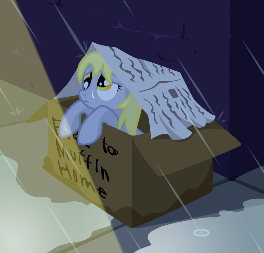 blonde_hair box cute derp derpy_hooves_(mlp) english_text equine female feral friendship_is_magic fur grey_fur hair horse mammal multiversecafe my_little_pony newspaper pony rain sad text