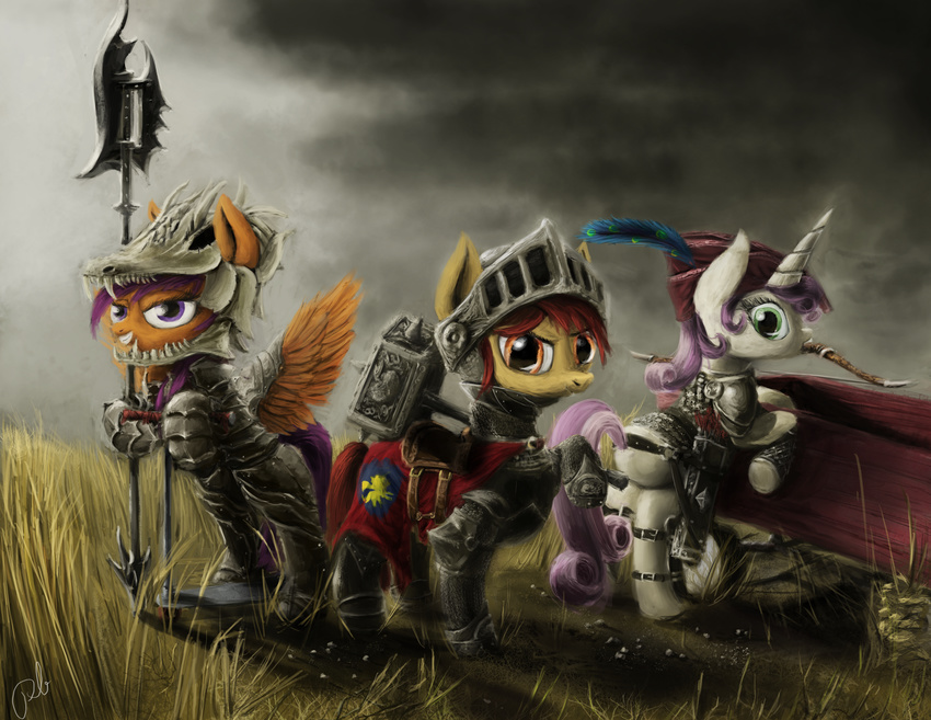 absurd_res apple_bloom_(mlp) armor bow_(weapon) cub cutie_mark_crusaders_(mlp) equine female feral friendship_is_magic green_eyes group hair hi_res horn horse mace mammal melee_weapon my_little_pony peasantb pegasus polearm pony ranged_weapon red_hair scootaloo_(mlp) spear sweetie_belle_(mlp) unicorn weapon wings young