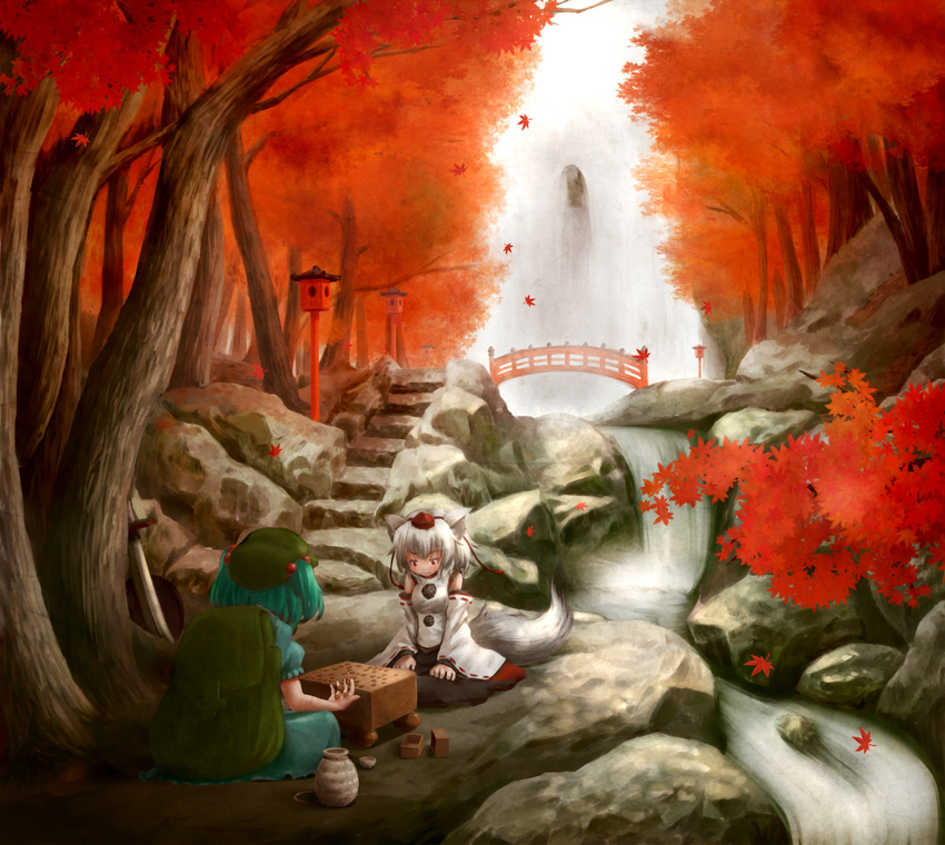 animal_ears arinu backpack bag blue_hair board_game bridge chess detached_sleeves hair_bobbles hair_ornament hat highres inubashiri_momiji kawashiro_nitori leaf maple_leaf multiple_girls red_eyes river rock scenery short_hair shougi silver_hair sitting skirt stairs sword tail tokin_hat touhou two_side_up water waterfall weapon wolf_ears wolf_tail youkai_mountain