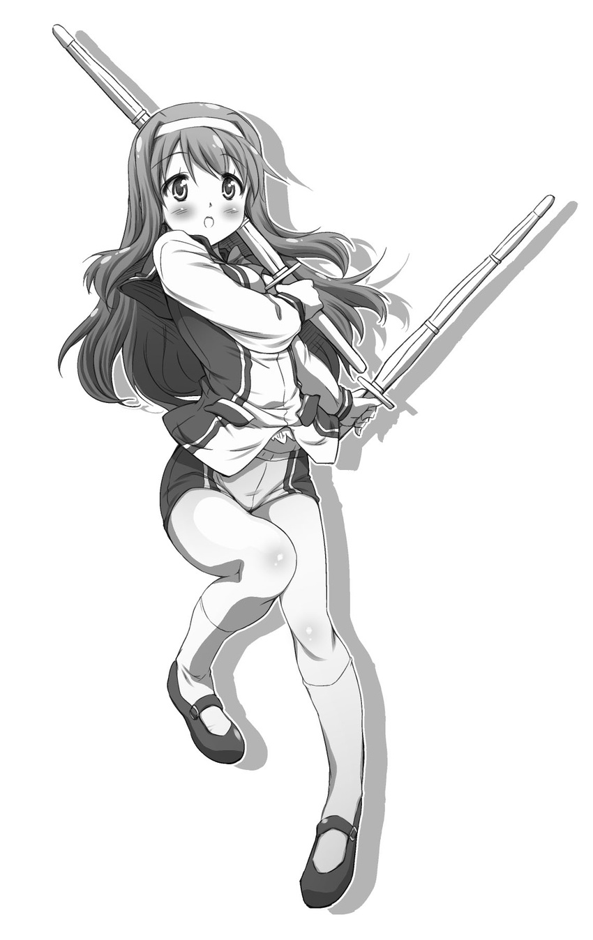 :d bangs blush body_blush dual_wielding full_body futaba_aoi_(vividred_operation) greyscale hairband highres holding kneehighs leg_lift long_hair long_sleeves looking_at_viewer mary_janes midriff monochrome national_shin_ooshima_school_uniform open_mouth over_shoulder school_uniform shadow shinai shoes short_shorts shorts simple_background smile standing sword sword_over_shoulder vividred_operation weapon weapon_over_shoulder yoshitani_motoka